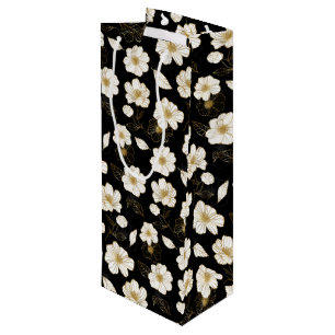 Sacola Para Vinho Flores Brancas e Douradas em Preto