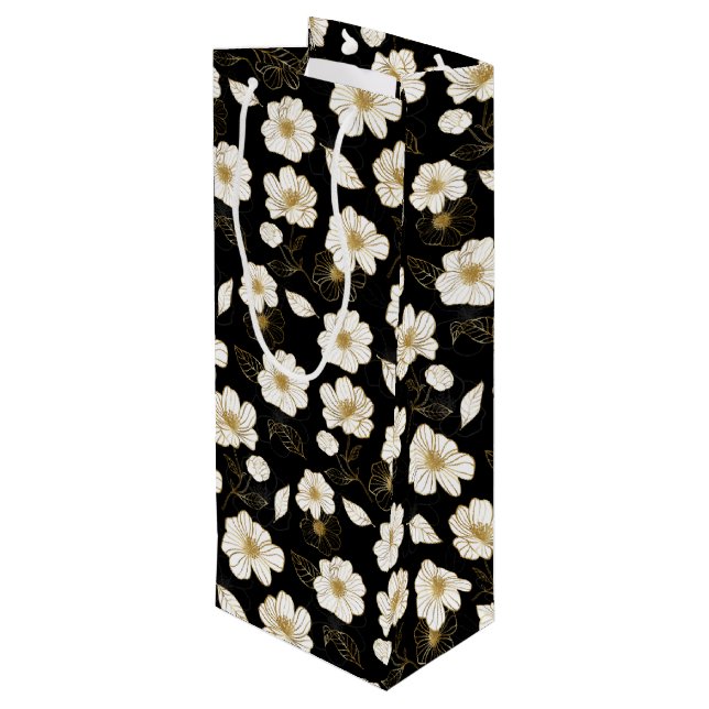 Sacola Para Vinho Flores Brancas e Douradas em Preto (Verso inclinado)
