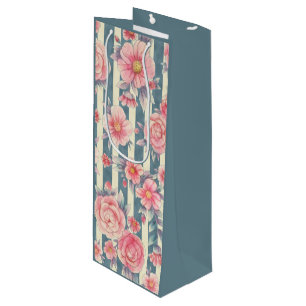 Sacola Para Vinho Flores de Aquarela Rosa em Stripes
