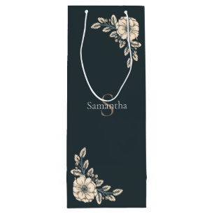 Sacola Para Vinho Flores Elegantes De Monograma Dourado Azul De Oxfo