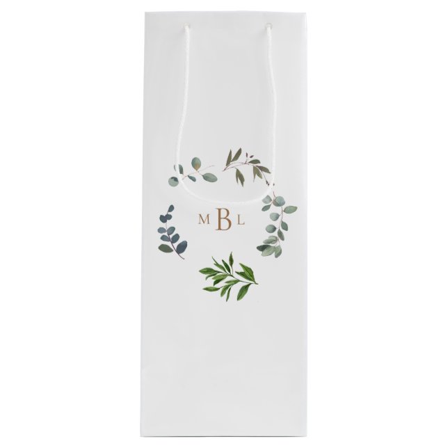 Sacola Para Vinho Folhagem e Casamento Elegante Branco Monograma Dou (Frente)