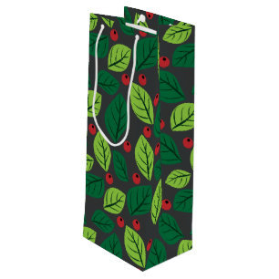 Sacola Para Vinho Folhas Verdes, Berries Vermelhos, Padrão De Folhas