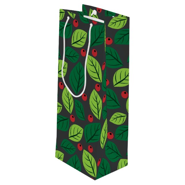 Sacola Para Vinho Folhas Verdes, Berries Vermelhos, Padrão De Folhas (Verso inclinado)