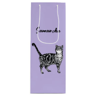 Sacola Para Vinho Gata Tabby Preto e Branco Nome Roxo