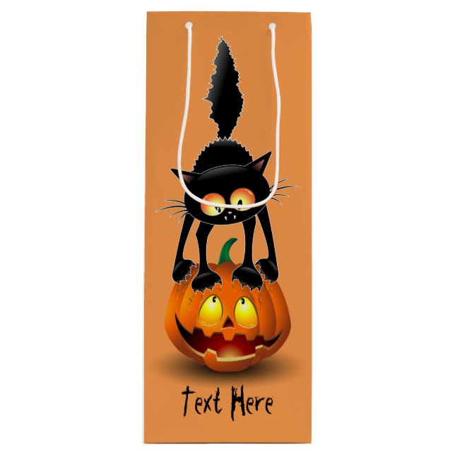 Sacola Para Vinho Gato Halloween Caricatura Assustada na Pumpkin (Frente)