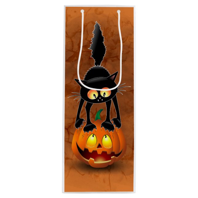 Sacola Para Vinho Gato Halloween Caricatura Assustada na Pumpkin (Frente)