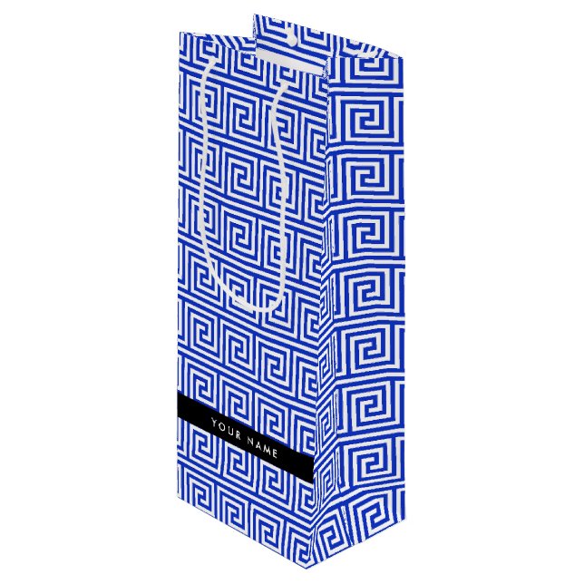 Sacola Para Vinho Grego Meander Key Blue, Seu Nome, Personalize (Frente inclinada)