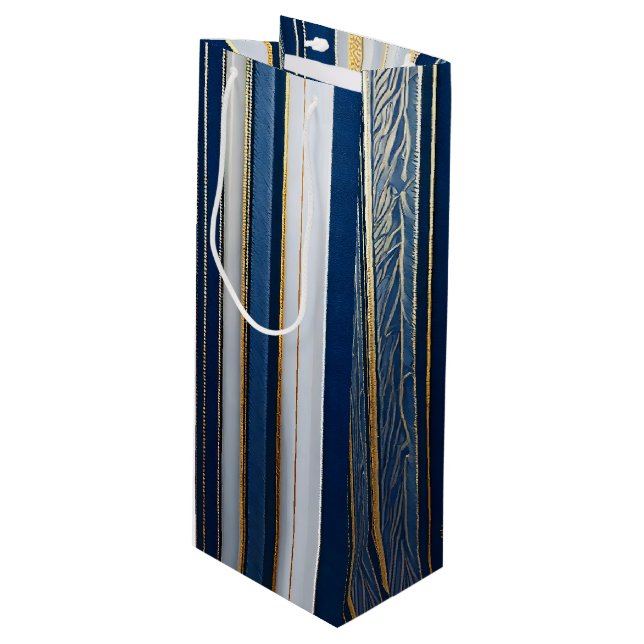 Sacola Para Vinho Hanukkah Blues Stripes Azul Branco Dourado (Frente inclinada)
