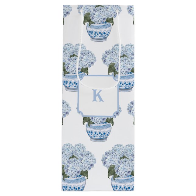 Sacola Para Vinho Hydrangeas Azuis no Pote Chinoiserie (Frente)