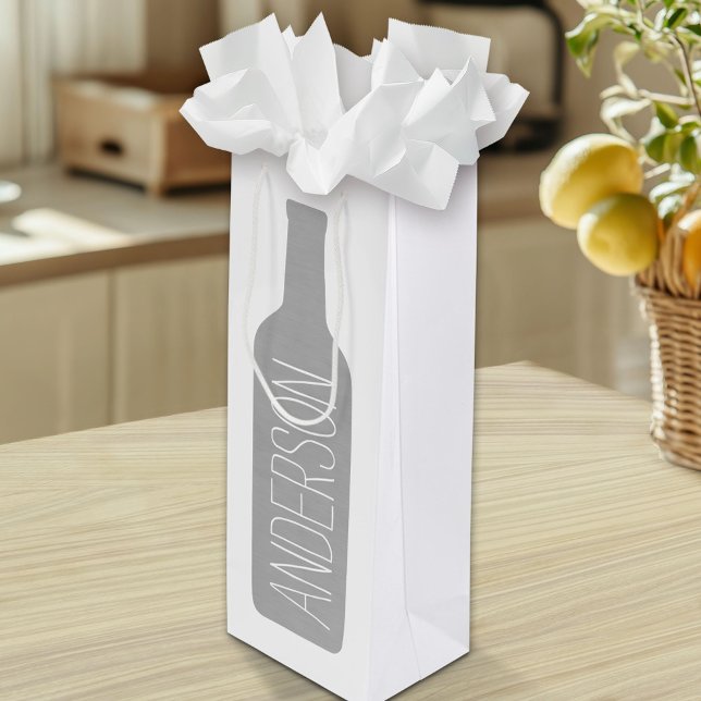 Sacola Para Vinho Ilustração de Garrafa de Vinho - Nome Branco Moder (Custom WIne Gift Bag)