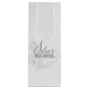Sacola Para Vinho Iniciais de Aniversário de 25 Silver e Rosas Branc