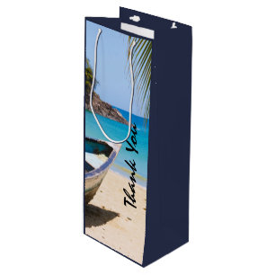 Sacola Para Vinho Linda Praia Tropical com um Rowboat Obrigado