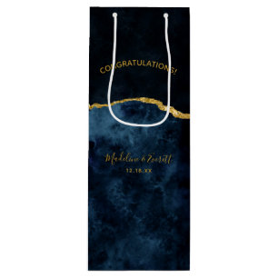 Sacola Para Vinho Marinho Azul Folha de Ouro Agate Parabéns de Casa