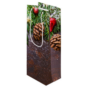Sacola Para Vinho Mesa de Natal Rústica com Pinheiro e Neve