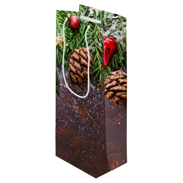 Sacola Para Vinho Mesa de Natal Rústica com Pinheiro e Neve (Frente inclinada)