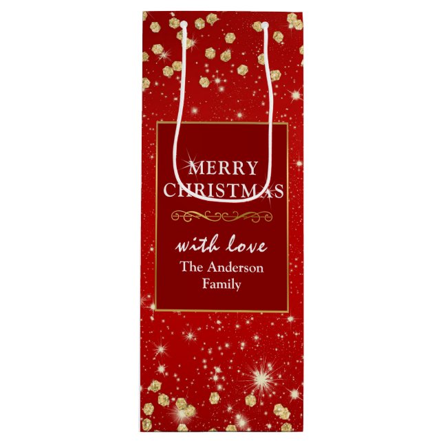 Sacola Para Vinho Natal Brilho Vermelho e Dourado (Frente)