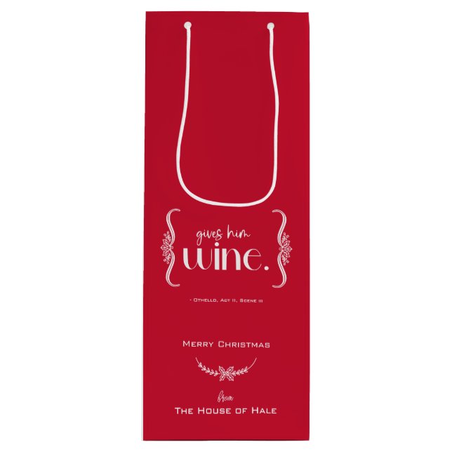 Sacola Para Vinho Natal elegante "Dá-Lhe Vinho" Shakespeare (Frente)