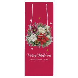 Sacola Para Vinho Natal Elegante Floral Vermelho Personalizado
