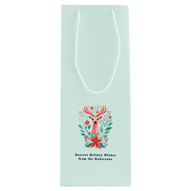 Sacola Para Vinho Natal Reindeer Floral Mint Holiday (Frente)