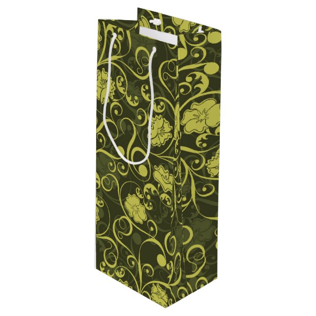 Sacola Para Vinho Natureza Negra e Verde Padrão Floral Ilustrado (Frente inclinada)