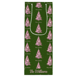 Sacola Para Vinho Nome Personalizado da Árvore de Natal Rosa Moderna