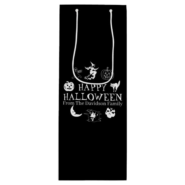 Sacola Para Vinho Nome personalizado do Feliz Halloween, preto assus (Frente)