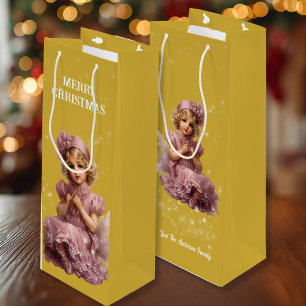 Sacola Para Vinho Nostalgia Feliz Natal em rosa-gelo