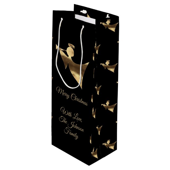 Sacola Para Vinho Olhar Dourado Anjo Negra de Natal Elegante (Frente inclinada)