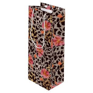 Sacola Para Vinho Padrão Animal Leopardo Flores Tropicais Rosa