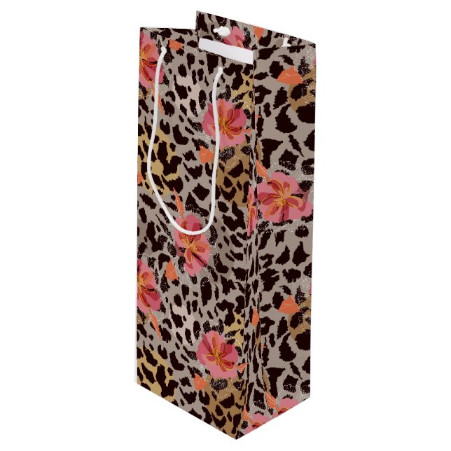 Sacola Para Vinho Padrão Animal Leopardo Flores Tropicais Rosa (Frente inclinada)