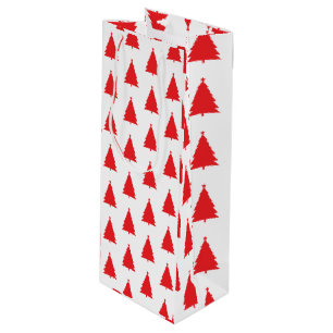 Sacola Para Vinho Padrão de Árvore de Natal Vermelha em Branco