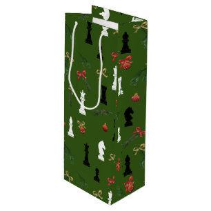 Sacola Para Vinho Padrão de Jogo de Peças de Xadrez de Natal Verde