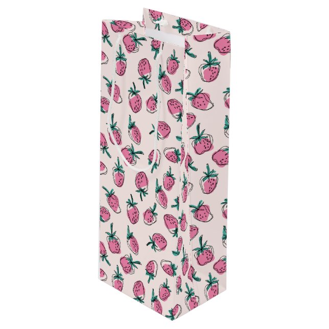 Sacola Para Vinho Padrão de morango rosa (Frente inclinada)