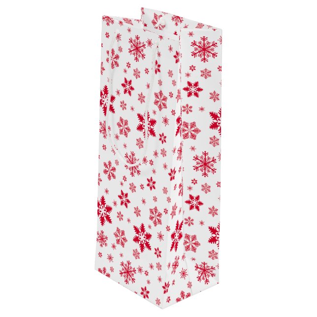 Sacola Para Vinho Padrão do Floco de Neve, Flocos de Neve Vermelhos, (Verso inclinado)