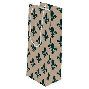 Sacola Para Vinho Padrão Fleur de Lis, Verde Real Francês sobre Crem
