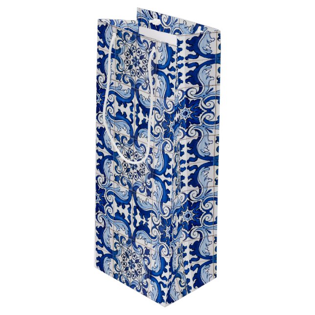 Sacola Para Vinho Padrão Floral Antiquado do Azulejo Azulejo (Frente inclinada)
