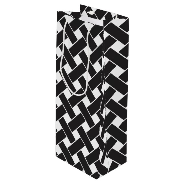 Sacola Para Vinho Padrão moderno de tecelagem geométrica preto e bra (Frente inclinada)