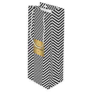 Sacola Para Vinho Padrão Preto e Branco Retro Nome Dourado Logotipo