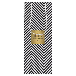 Sacola Para Vinho Padrão Preto e Branco Retro Nome Dourado Logotipo 