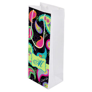 Sacola Para Vinho Paisley Personalizado do Monograma do Verde limão