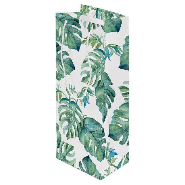 Sacola Para Vinho Palma De Monstera Verde Tropical Deixa Aquarela (Verso inclinado)