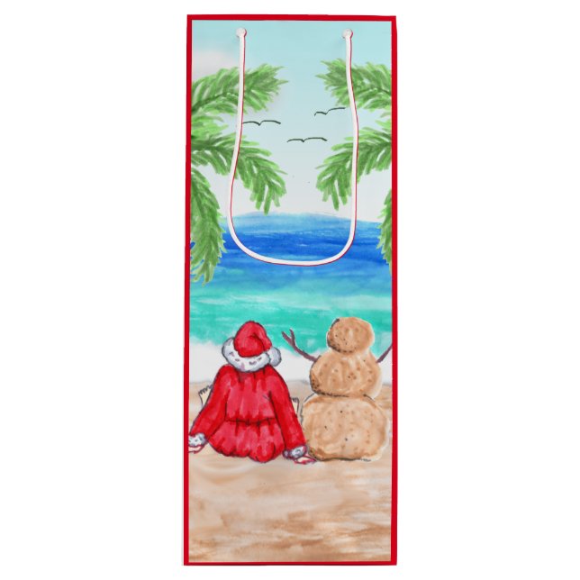 Sacola Para Vinho Papais noeis e Snowman na praia no Natal (Frente)