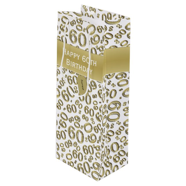 Sacola Para Vinho Personalizar:  Feliz 60º aniversário Dourado/Branc (Frente inclinada)