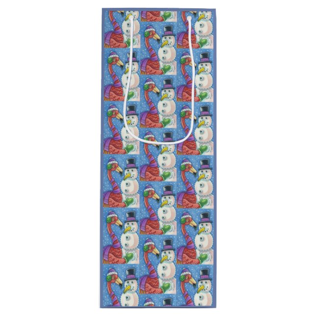 SACOLA PARA VINHO PINK FLAMINGO SNOWMAN CHRISTMAS GIFT BAG - VINHO (Frente)