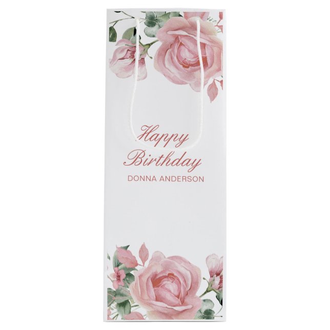 Sacola Para Vinho Pink Floral Rose Birthday Party (Frente)