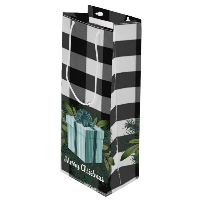Sacola Para Vinho Presente de Natal na Xadrez de Buffalo | Feriado T (Frente inclinada)
