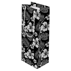 SACOLA PARA VINHO PRETO COM FLORES DE HIBISCUS BRANCOS TROPICAIS