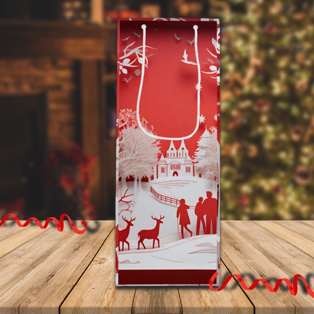 Sacola Para Vinho Reindeers 3D e Pessoas na aldeia (Criador carregado)