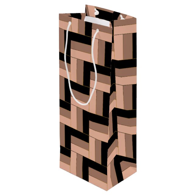 Sacola Para Vinho Retângulos Geométricos Pretos de Mocha Castanho (Verso inclinado)