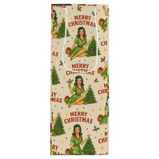 Sacola Para Vinho Retro Christmas Pin-Up Wine Gift Bag (Frente)